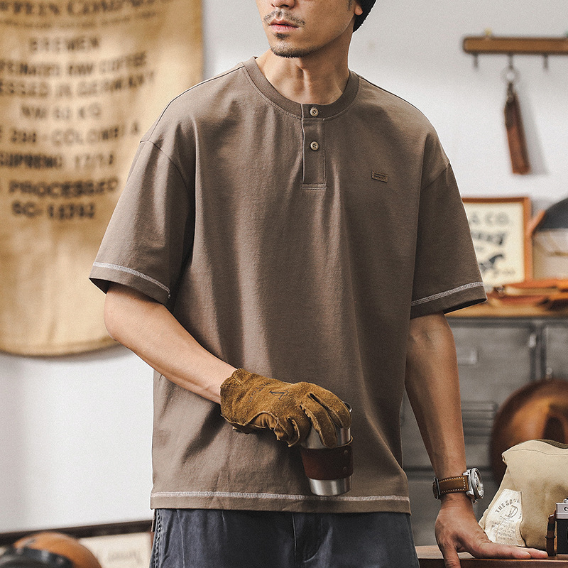 杰雷諾美式復古亨利領短袖T恤男夏季潮牌卡其色休閒男士上衣