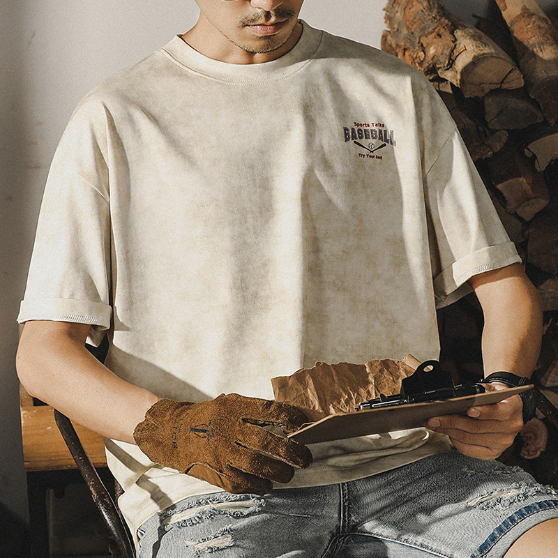 杰雷諾涼感清爽短袖T恤男夏季寬鬆大碼雲染洗褪美式復古休閒上衣