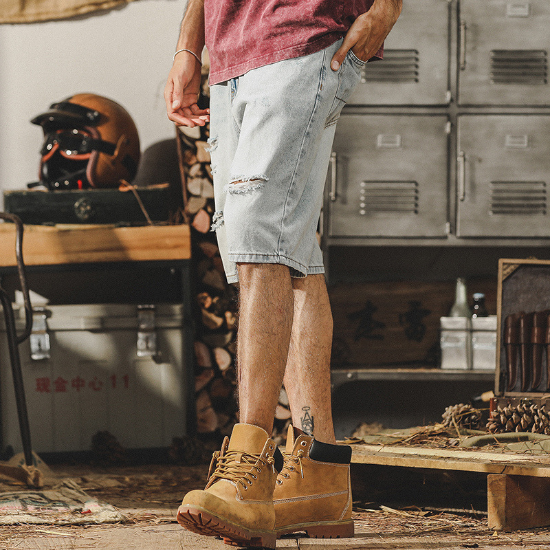 杰雷諾美式經典復古乞丐破洞牛仔短褲男寬鬆潮流夏季休閒五分褲男