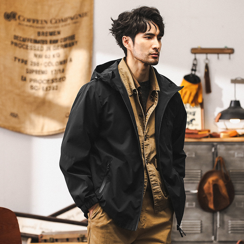 美式城市戶外通勤黑色夾克外套男春秋款三防山系徒步防水衝鋒衣男