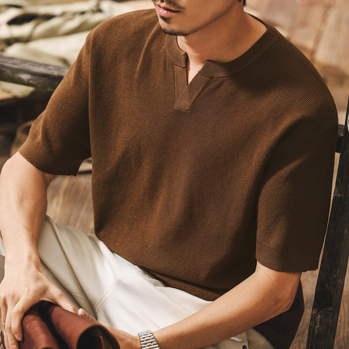 美式復古老錢風針織男士短袖T恤夏季新款寬鬆潮牌亨利領Polo衫男