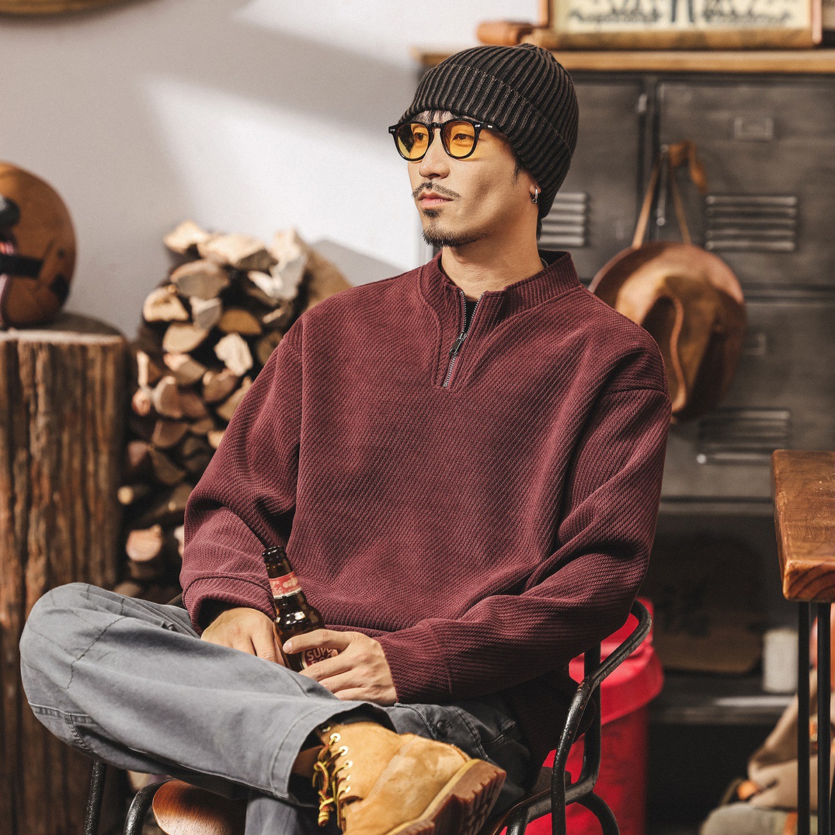 美式復古拉鍊半高領重磅衛衣男春秋新款立領寬鬆潮流休閒男士外套