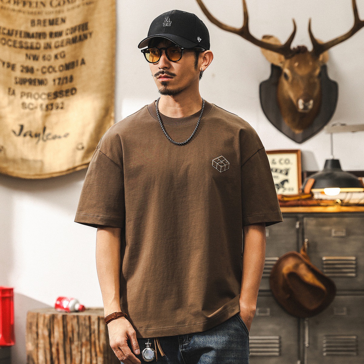 美式復古涼感280g重磅T恤男短袖男士夏季潮牌大碼半截袖男裝