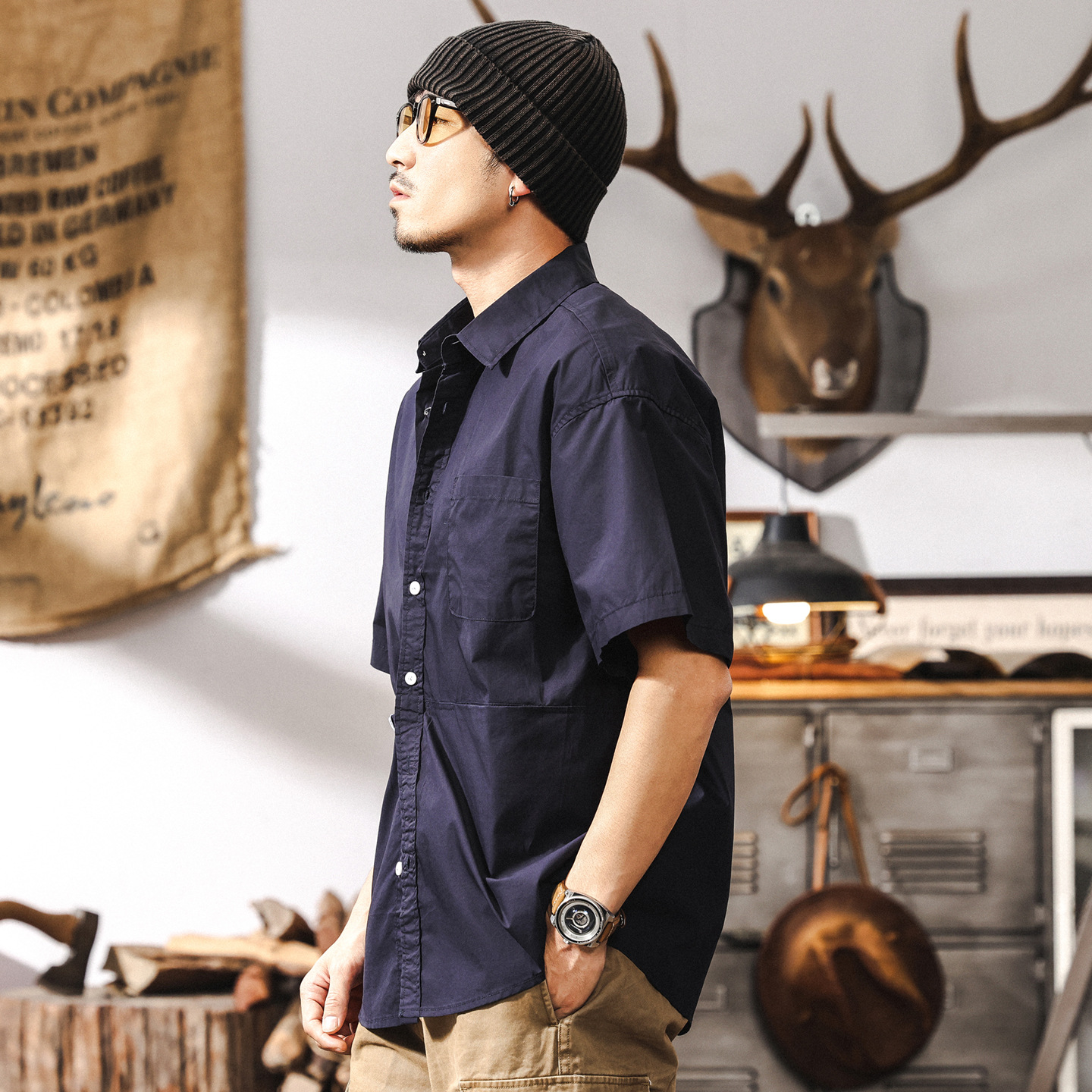 美式復古男士短袖襯衫夏季新款長絨棉寬鬆日系簡約襯衣外套男