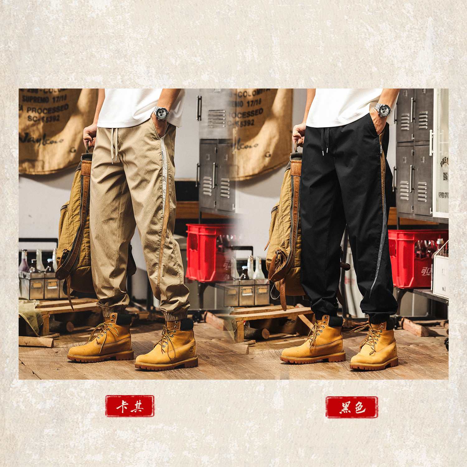 冰絲薄款褲子男夏季寬鬆大碼卡其色束腳男士休閒褲美式復古工裝褲