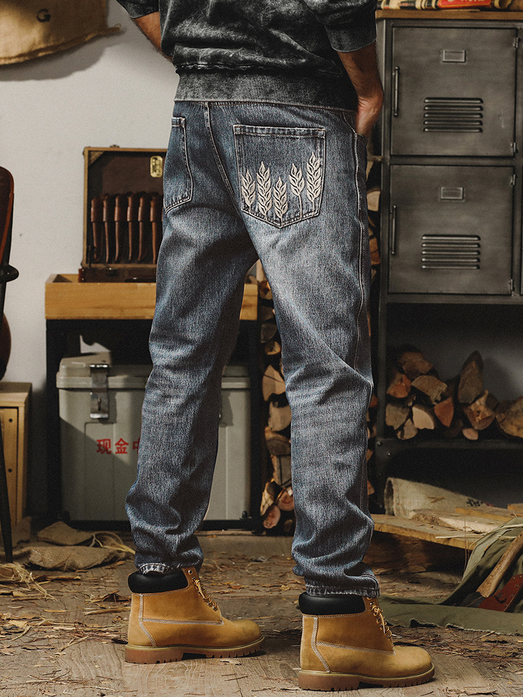 杰雷諾美式重磅石磨水洗牛仔褲男直筒寬鬆春秋季刺繡休閒長褲子男