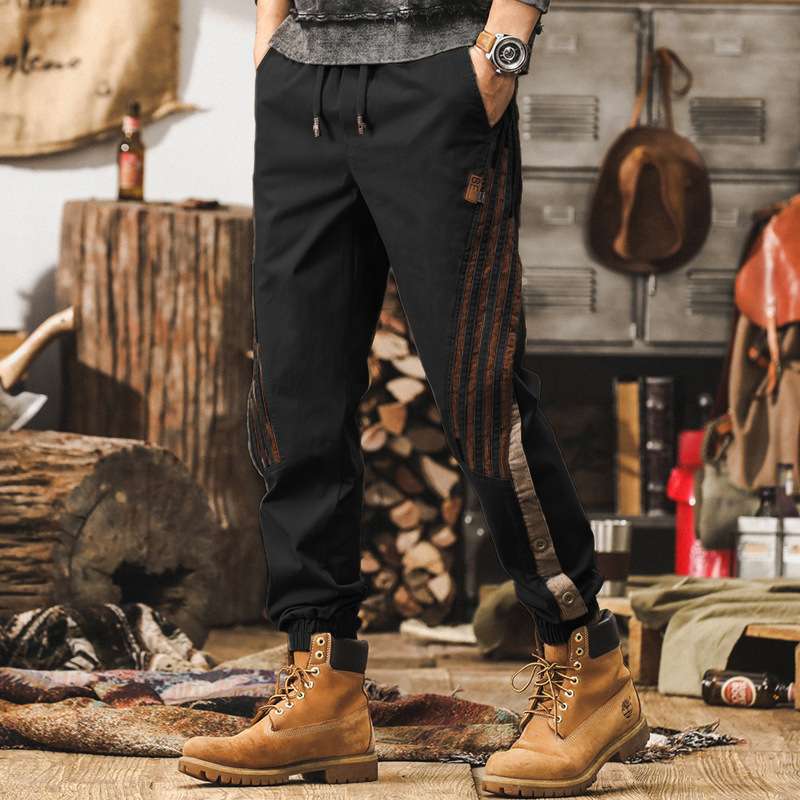 美式復古條紋拼接工裝褲子男秋季潮牌寬鬆卡其色束腳男士休閒長褲