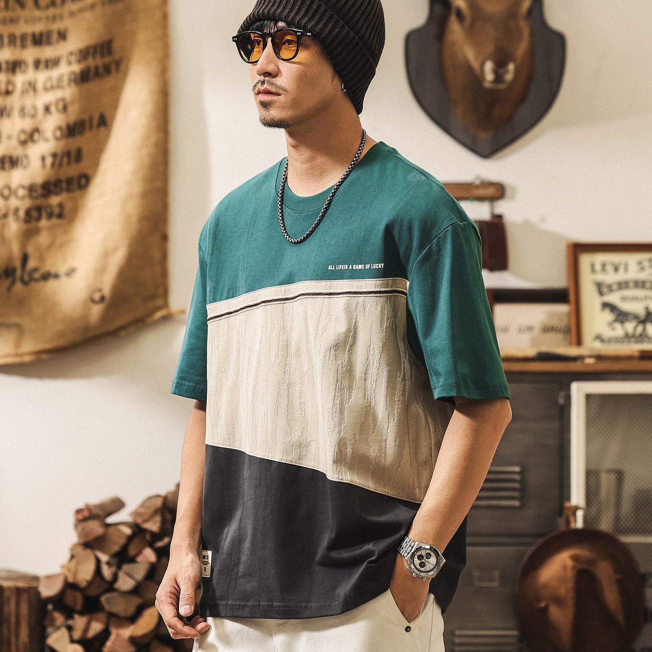 美式復古拼接提花T恤男夏季新款潮流男裝短袖寬鬆休閒上衣男T潮流