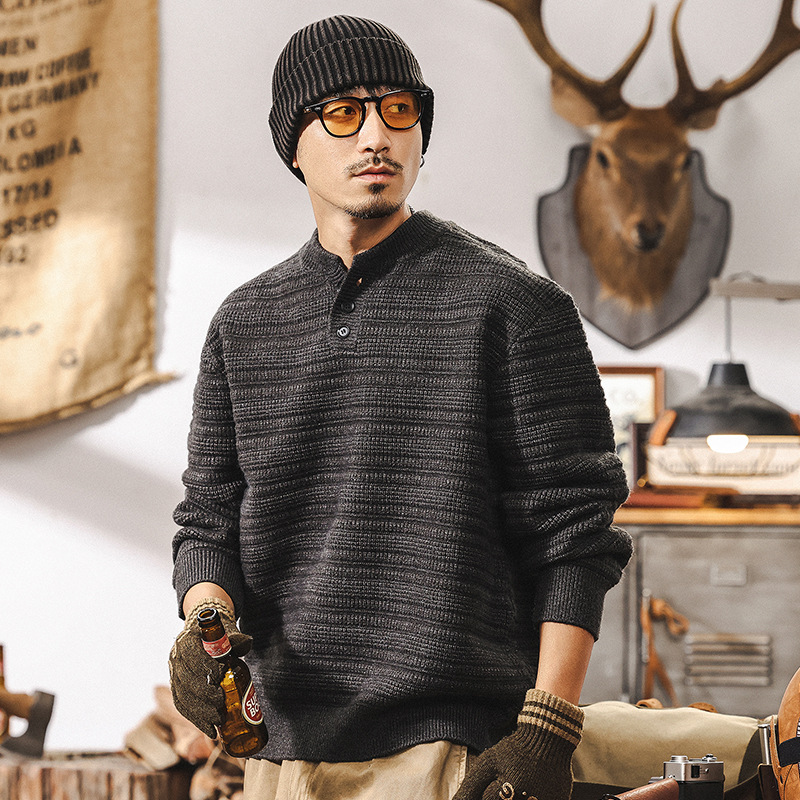 美式復古850g重磅亨利領毛衣男冬季加厚針織衫慵懶風男士秋冬外套