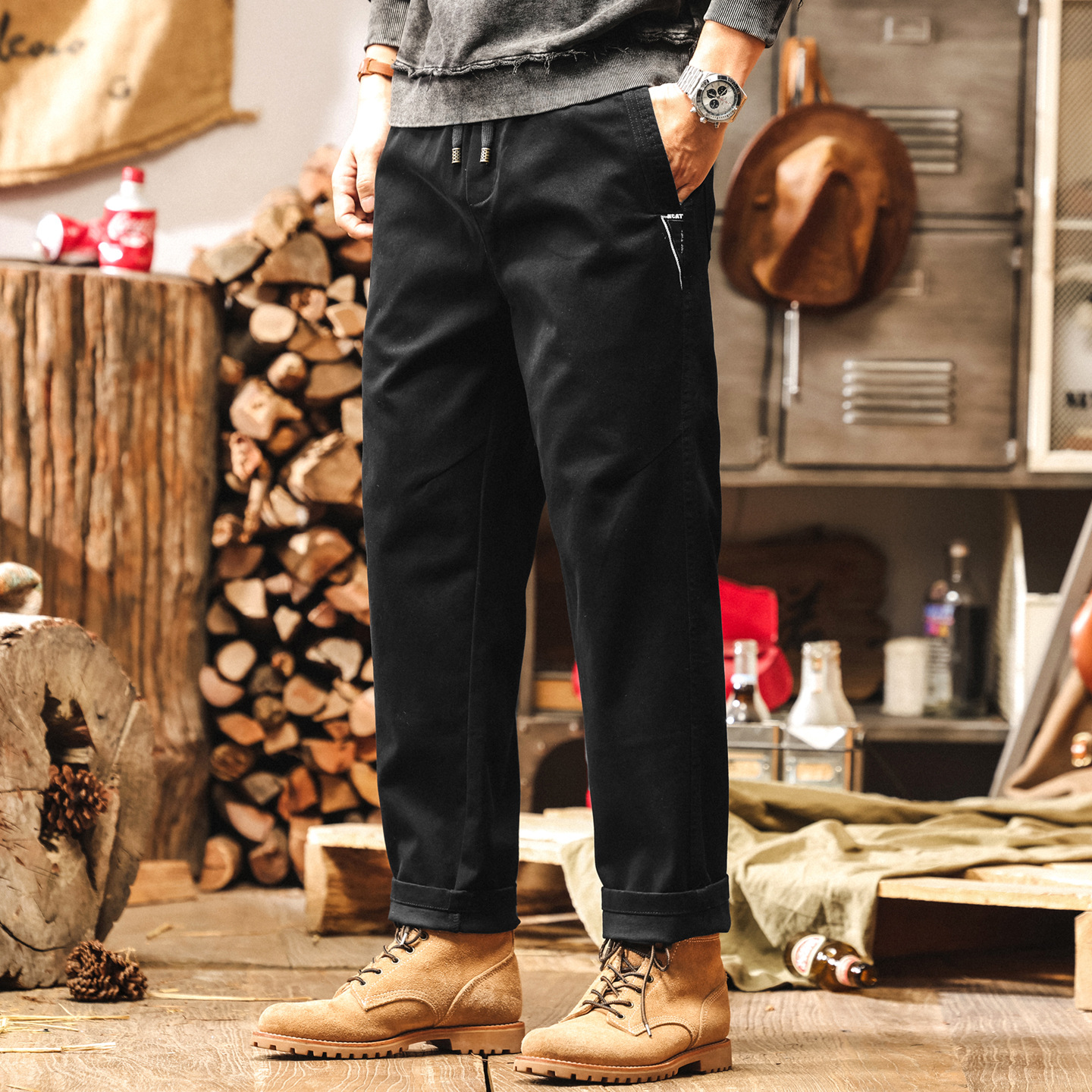 美式復古簡約男士休閒褲2025新款秋季黑色工裝褲子男寬鬆直筒長褲