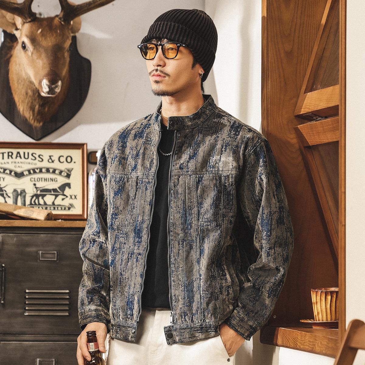 美式復古廢土風植絨牛仔外套男春秋款潮流帥氣寬鬆休閒秋季夾克男