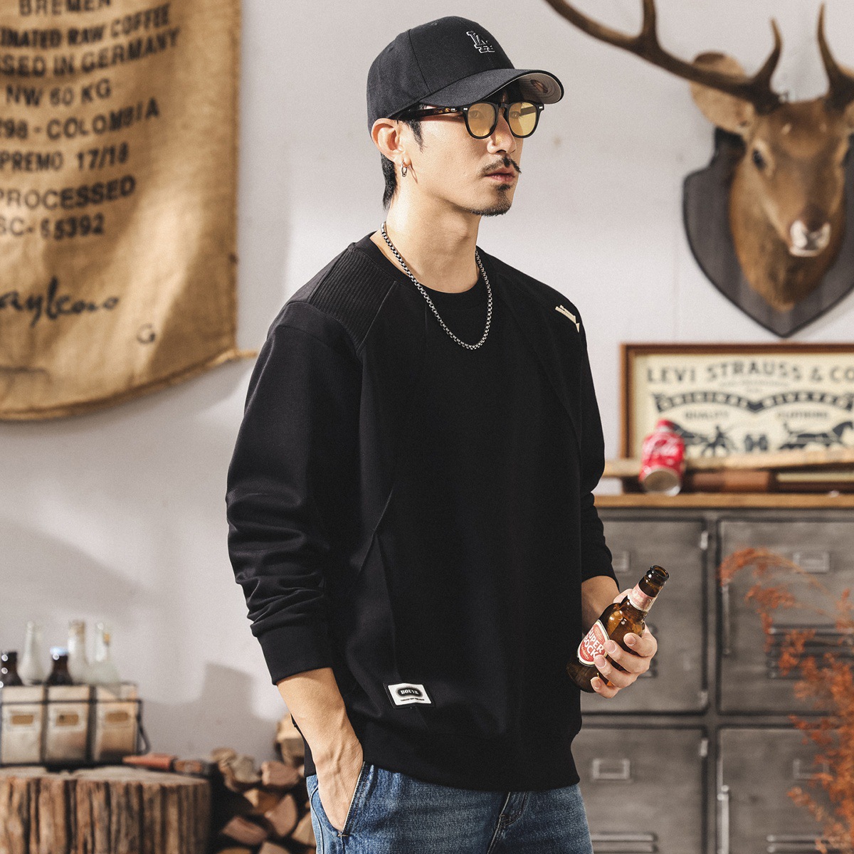 美式復古重磅男士秋季衛衣2025新款春秋潮牌拼接潮流寬鬆長袖t恤