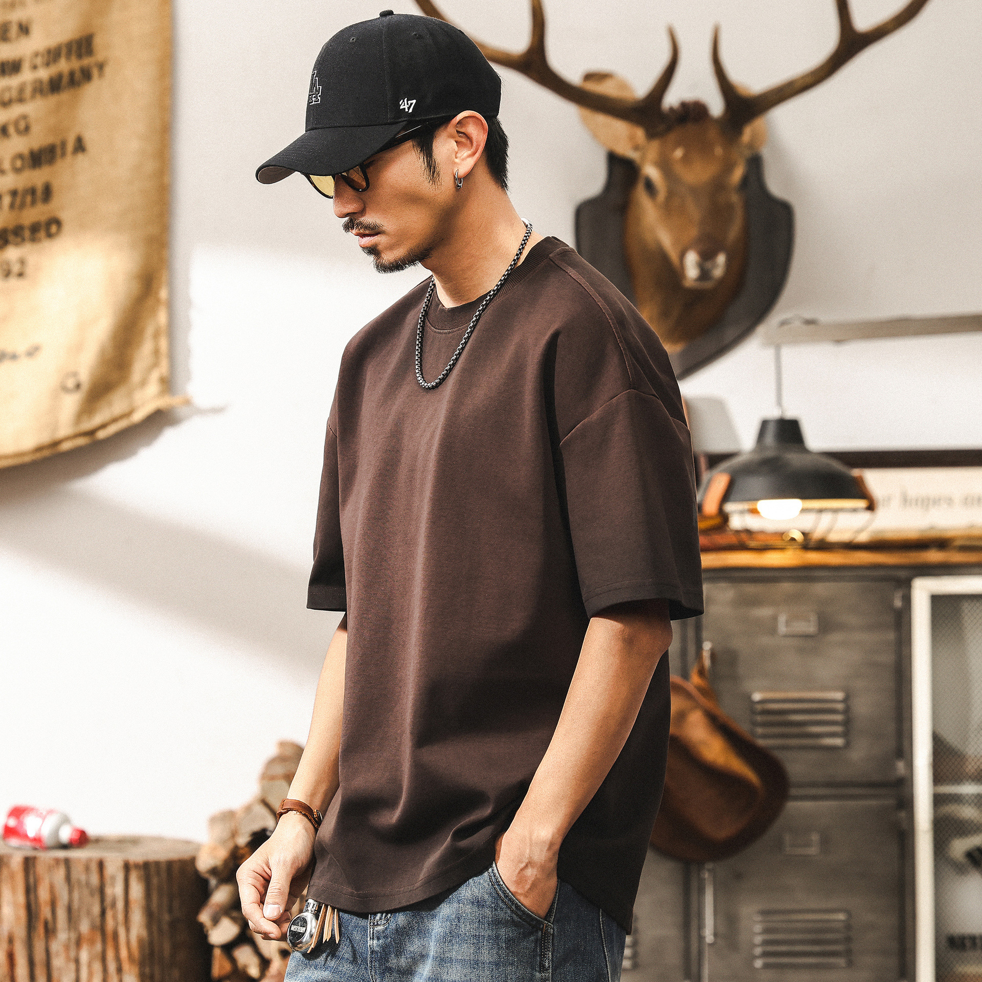 美拉德復古髒染水洗美式短袖男款夏季300g重磅T恤男寬鬆男士上衣T