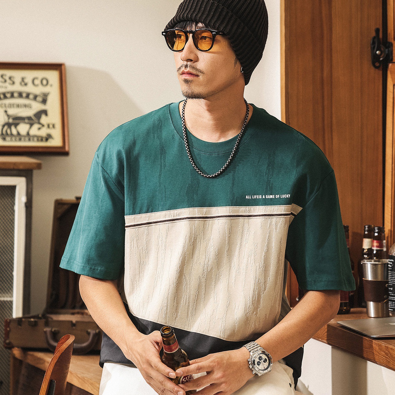 美式復古拼接提花T恤男夏季新款潮流男裝短袖寬鬆休閒上衣男T潮流