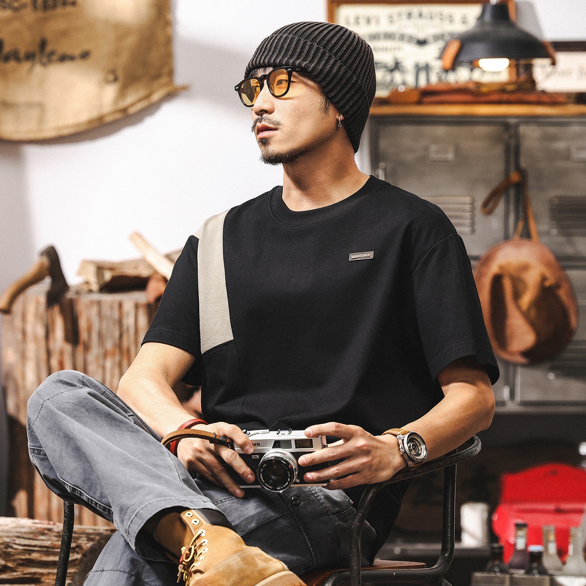 美式潮牌拼接撞色肌理感T恤男夏季短袖時尚潮流寬鬆半袖男士上衣