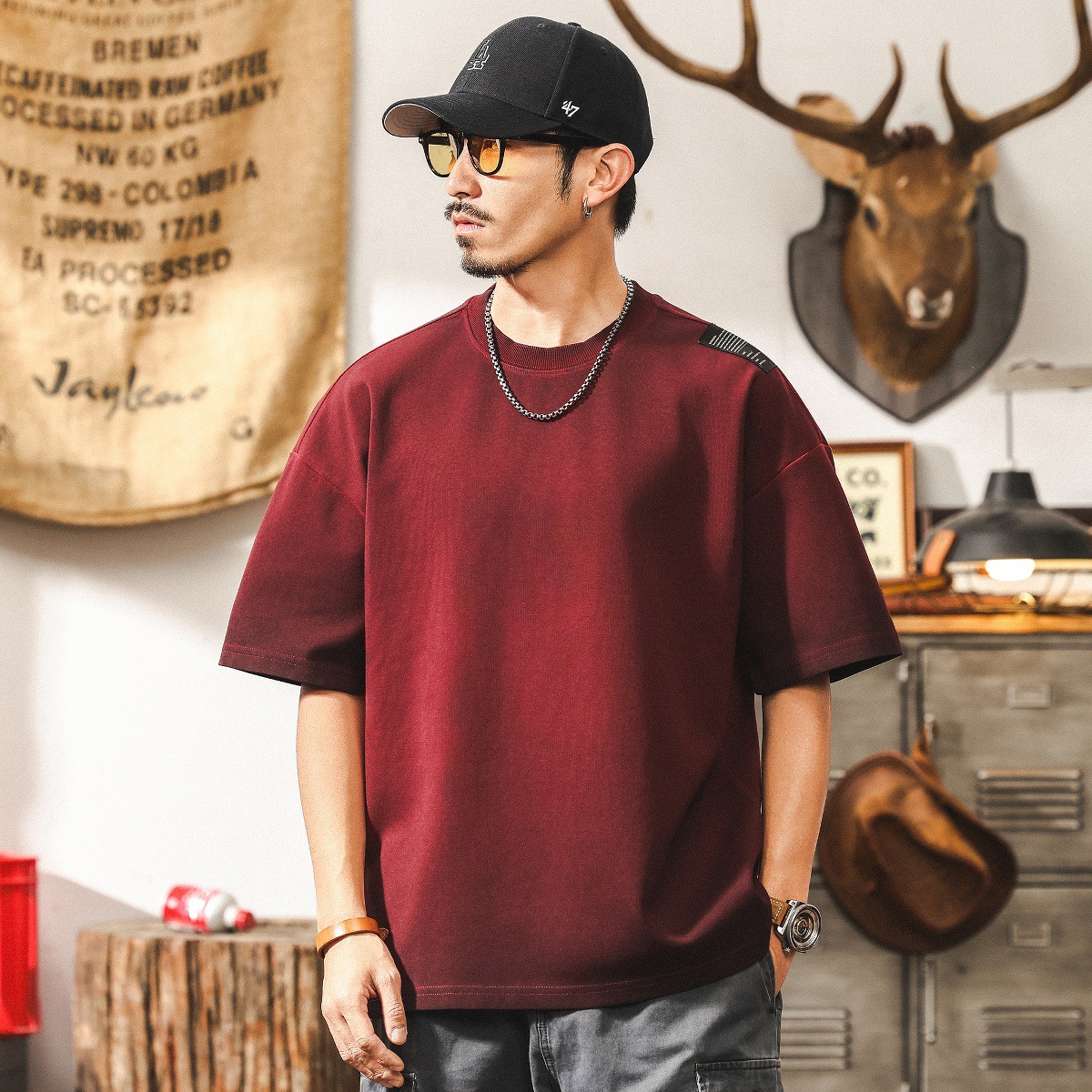 300g重磅T恤男短袖男士夏季寬鬆潮牌安可拉紅髒髒洗美式復古上衣