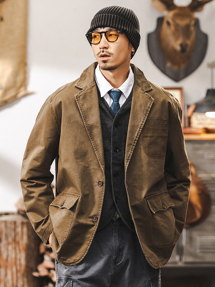 美式復古休閒西裝美拉德外套男春季潮牌2025新款做舊水洗工裝西服