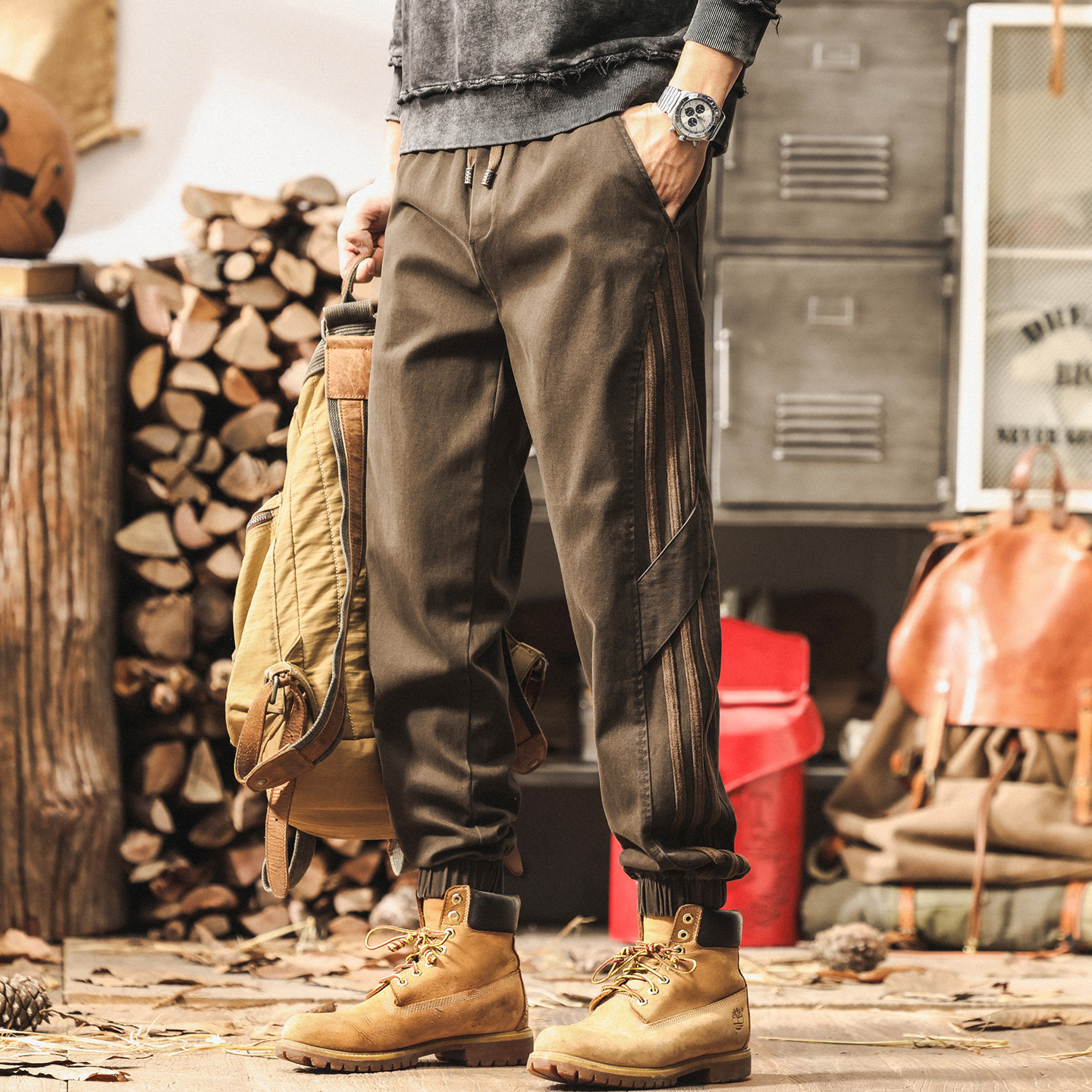 美式復古工裝褲男寬鬆潮流秋季拼接潮牌褲子男春秋直筒束腳休閒褲