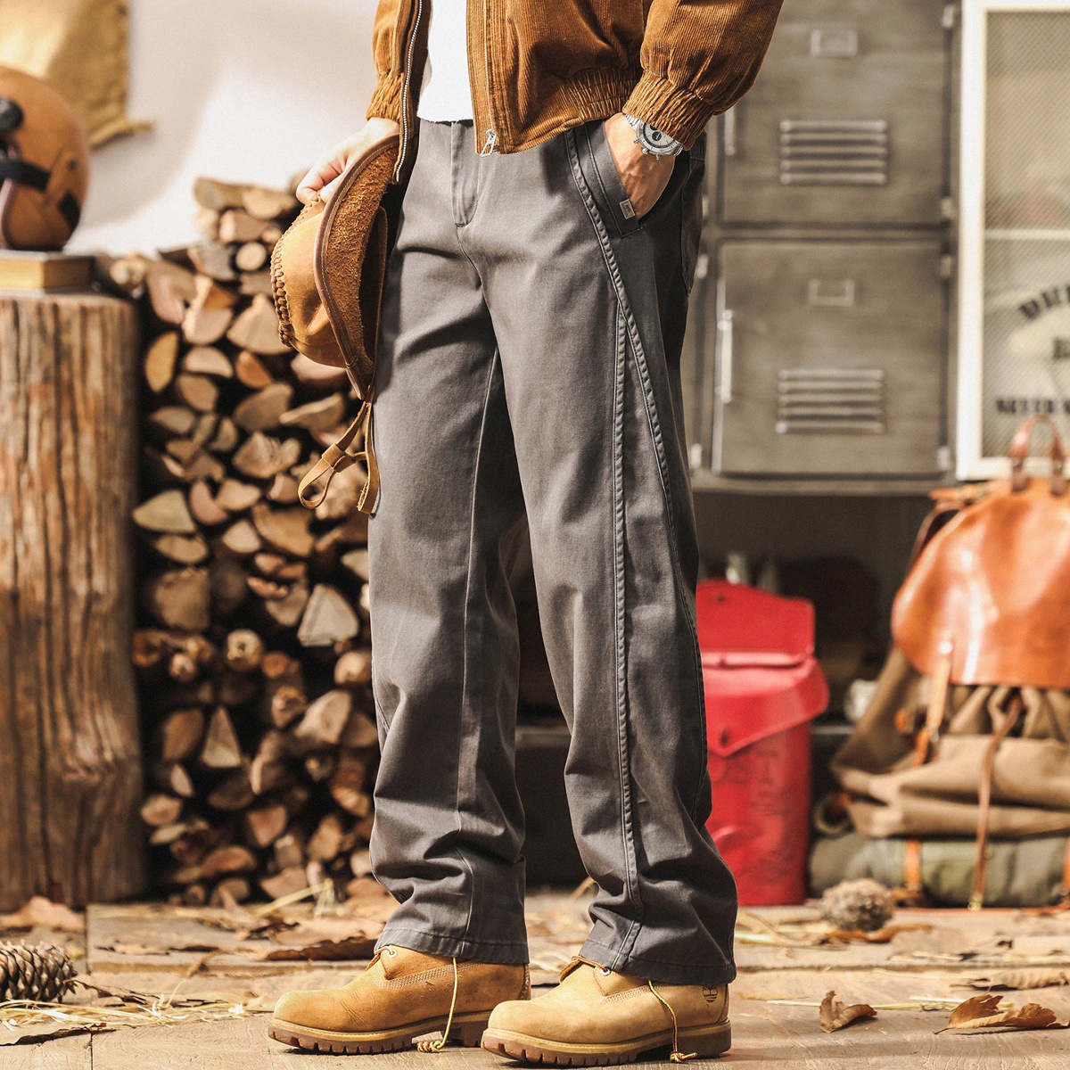 美式復古秋季褲子男2025新款寬鬆直筒男士休閒褲拼接潮牌工裝褲男