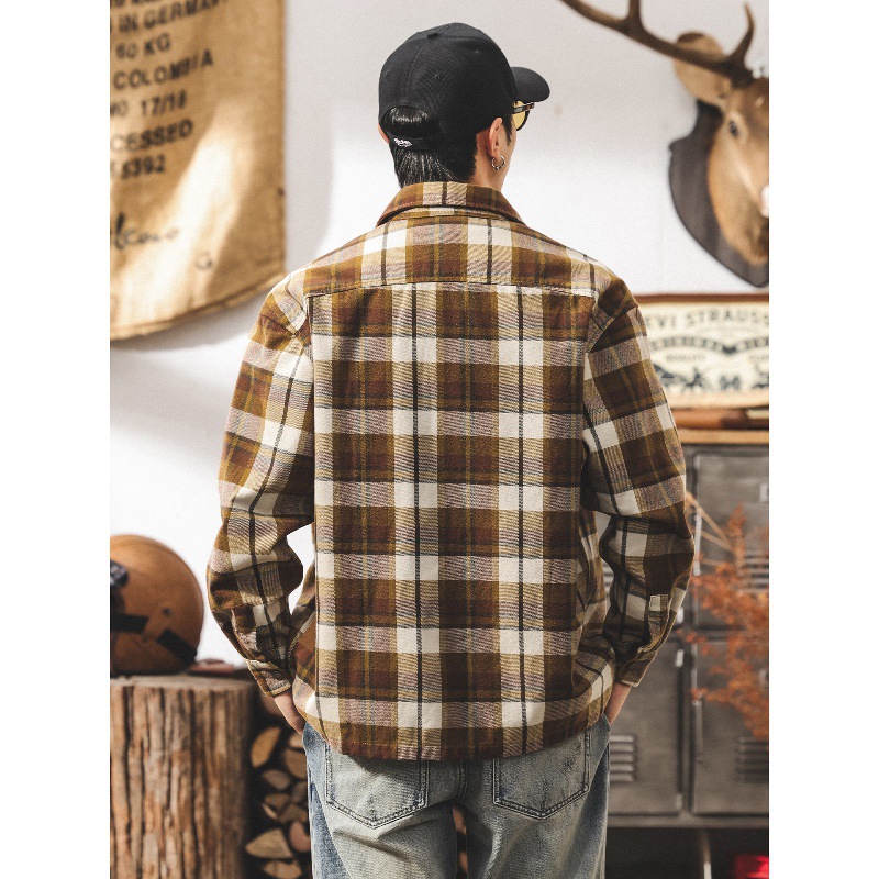 美式重磅復古格子襯衫男長袖秋季磨毛寬鬆潮牌工裝襯衣外套男春秋