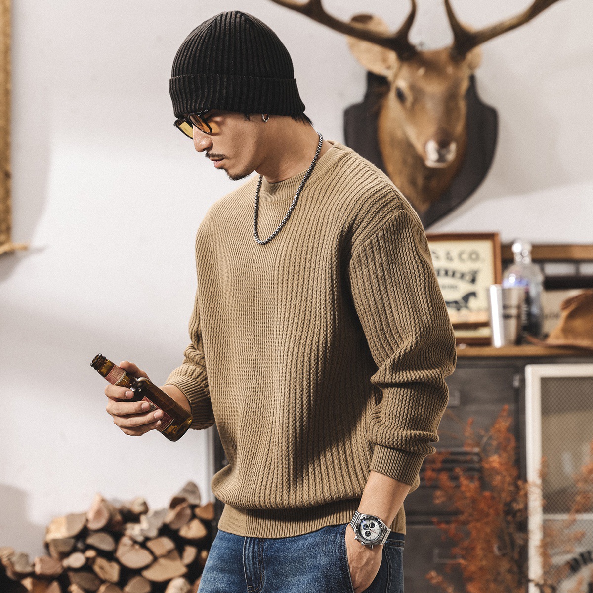 美式復古重磅圓領毛衣男春秋2025新款毛線衣寬鬆保暖針織衫上衣男