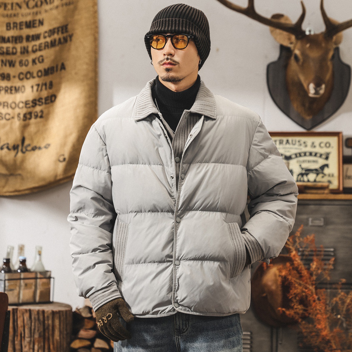 美式復古假兩件90純白鴨絨蓬鬆羽絨服男冬季加厚保暖麪包服外套男