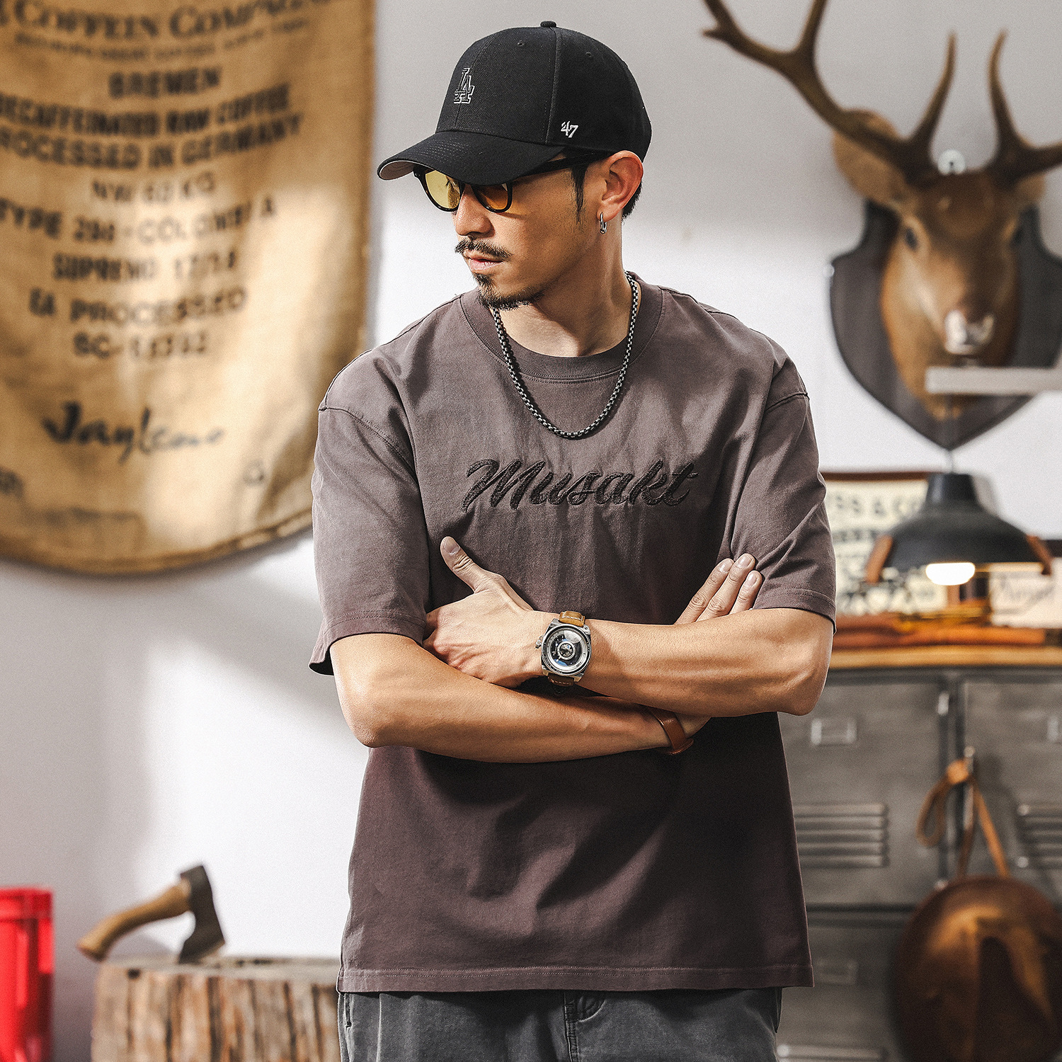 酵素做舊水洗T恤男美式復古短袖男夏季潮流寬鬆半袖男士上衣