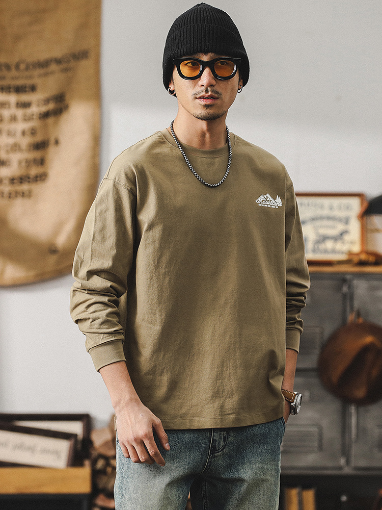 春季新款美式山系T恤男長袖寬鬆潮牌260g重磅男士上衣打底衫