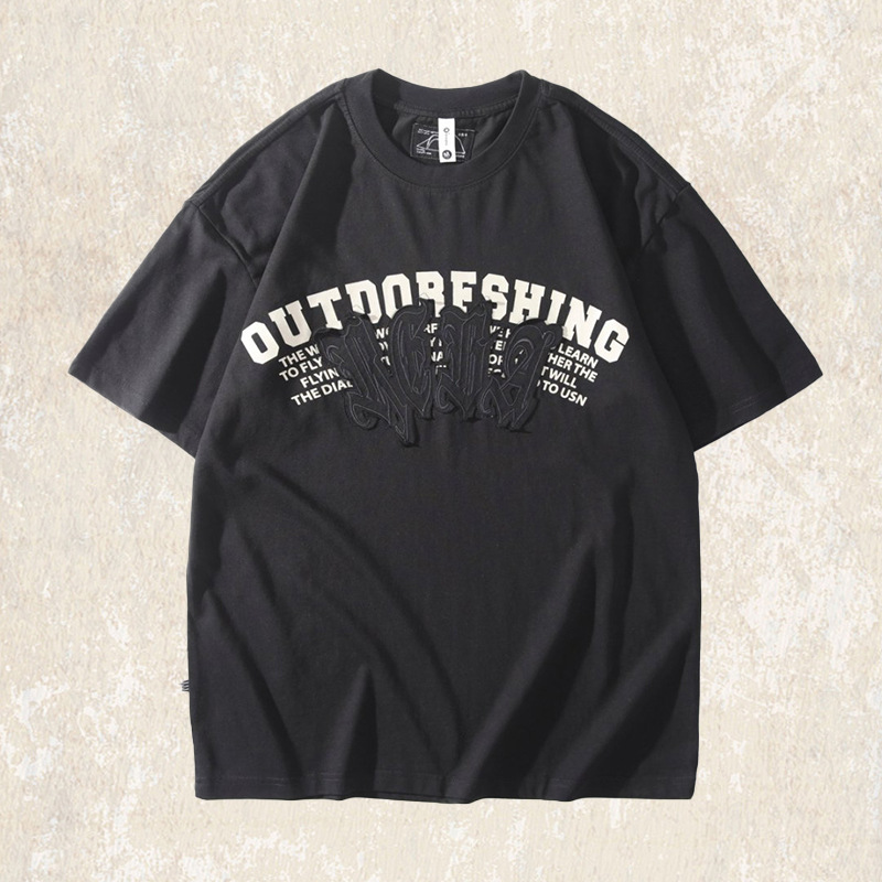 美式復古T恤夏季刺繡短袖男款2025新款寬鬆潮牌貼布印花上衣