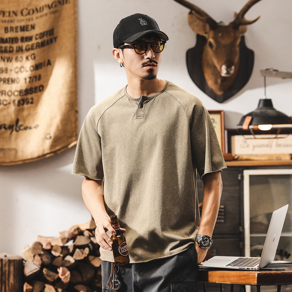 美式復古亨利領POLO衫男短袖2025夏季新款硬漢痞帥雪花水洗T恤男