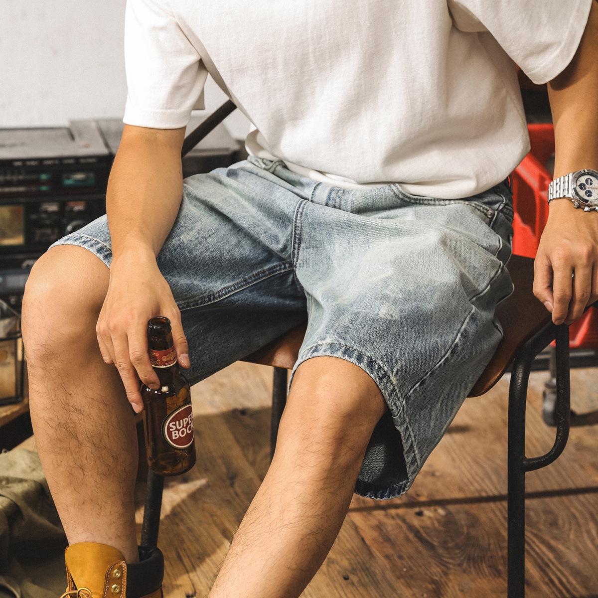 美式復古扎花水洗牛仔短褲男夏季新款寬鬆直筒五分褲休閒潮流中褲