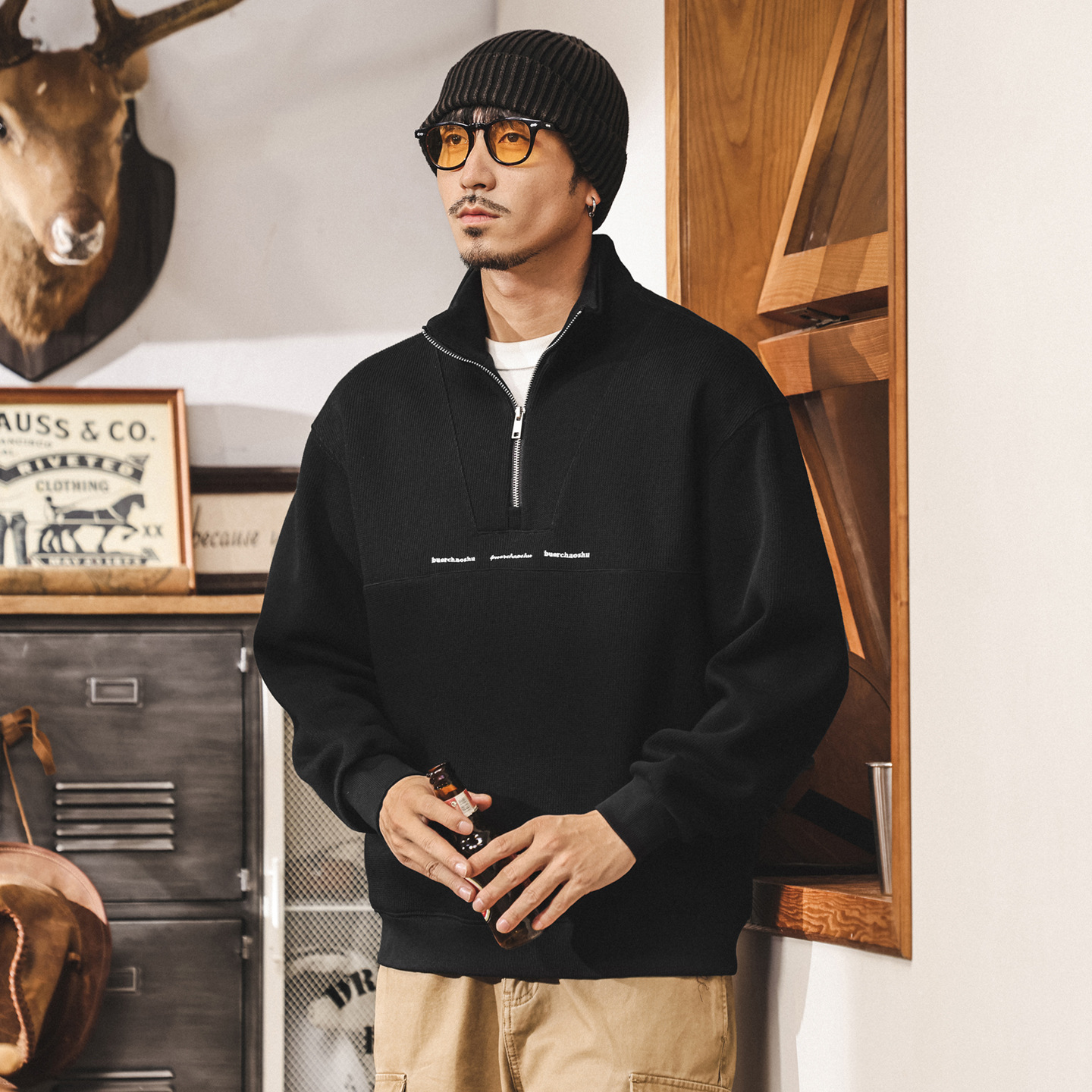 美式復古半拉鍊黑色衛衣男春秋寬鬆新款400g重磅潮牌男士秋季外套