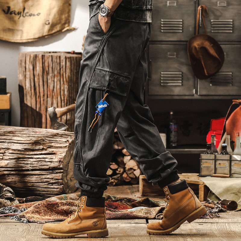 美式復古髒染做舊卡其色工裝褲男春季2025新款潮牌寬鬆闊腿休閒褲