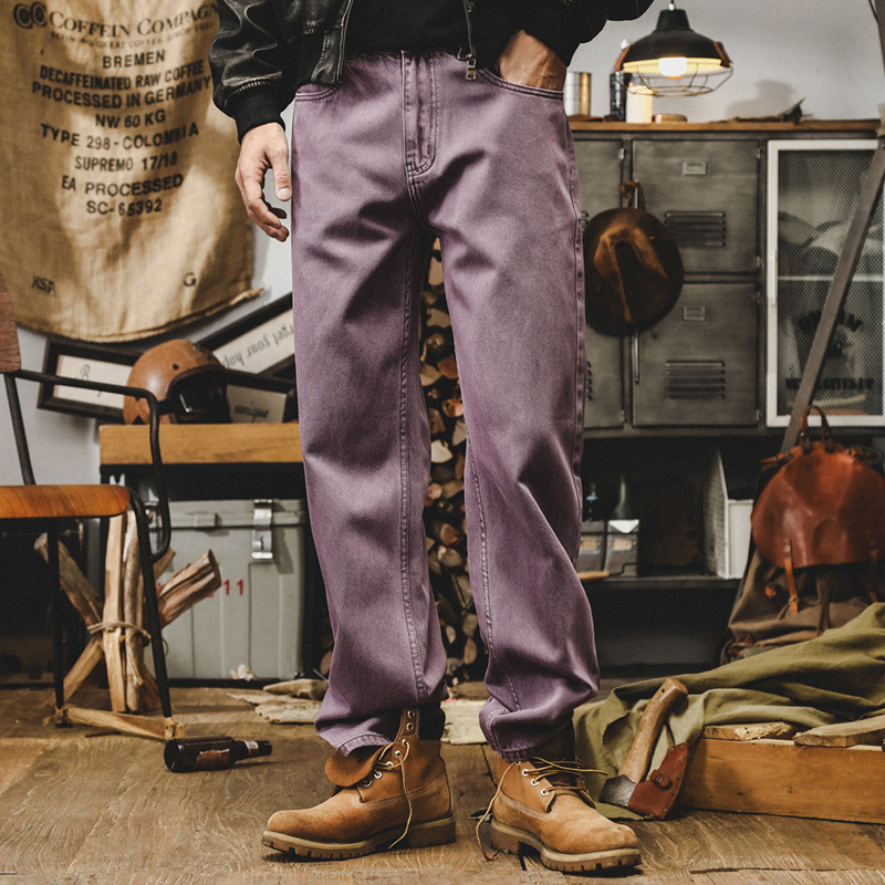 美式復古紫色牛仔褲男寬鬆直筒重磅工裝褲子男秋季丹寧潮流休閒褲