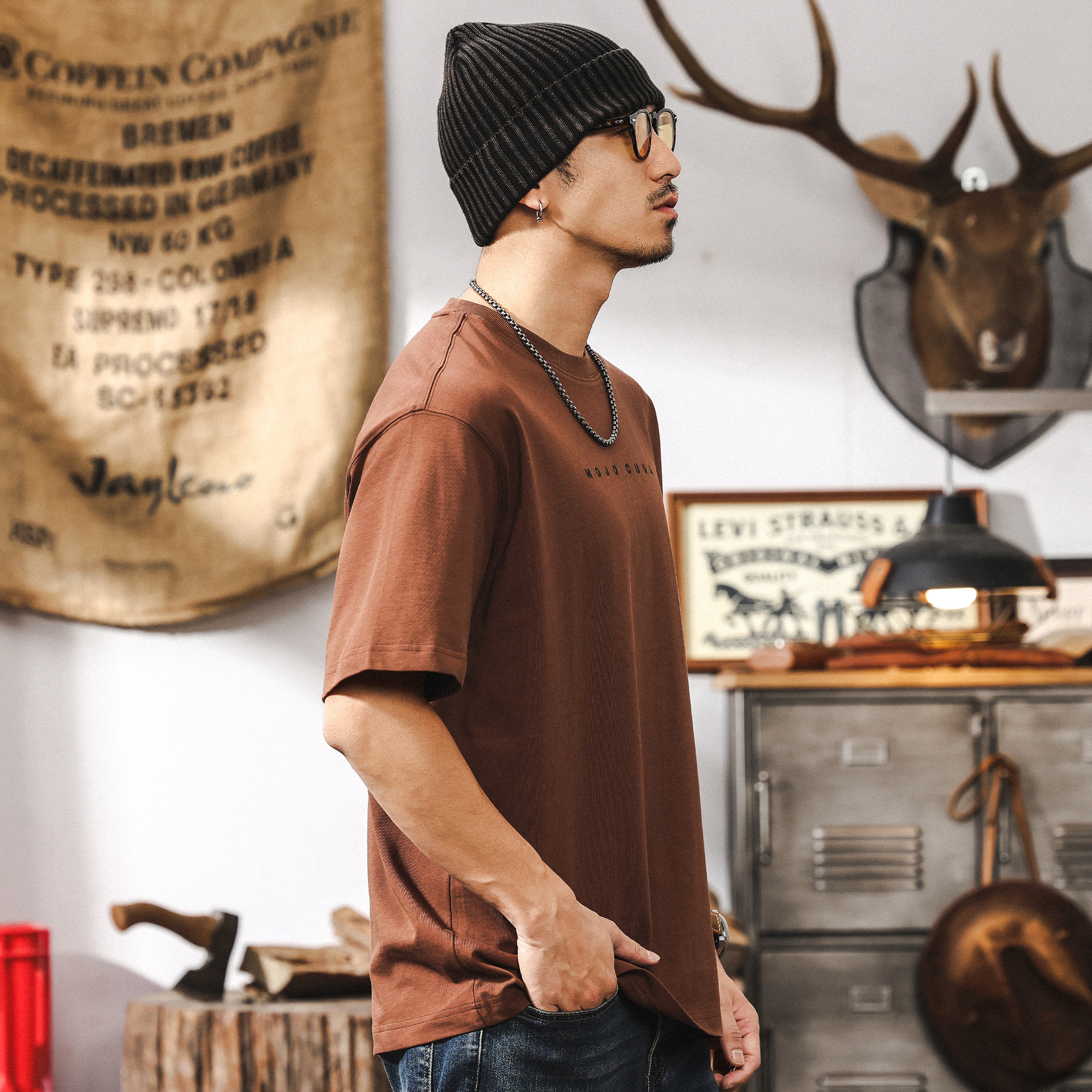 美式復古32支雙紗短袖T恤男夏季潮流簡約膠漿印花休閒上衣男