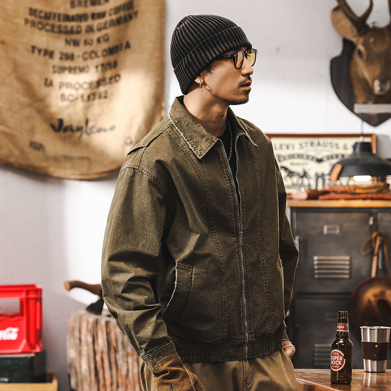 美式復古水洗磨損做舊工裝夾克男秋季新款潮牌阿美咔嘰外套男春秋
