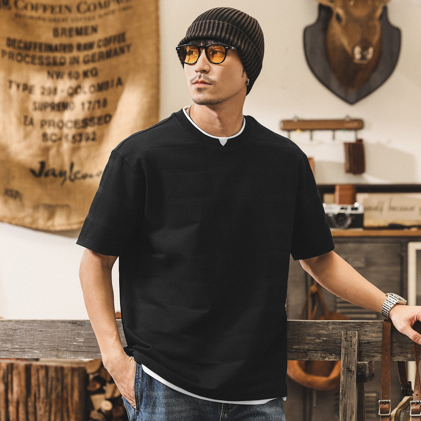 美式復古摩登提花短袖T恤男夏季2026新款寬鬆潮流休閒假兩件上衣