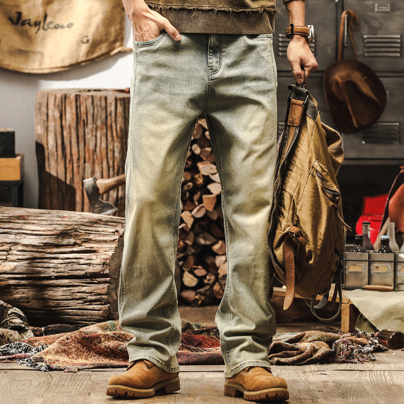 美式經典復古黃泥染牛仔褲男秋季新款潮牌高街寬鬆直筒休閒長褲男