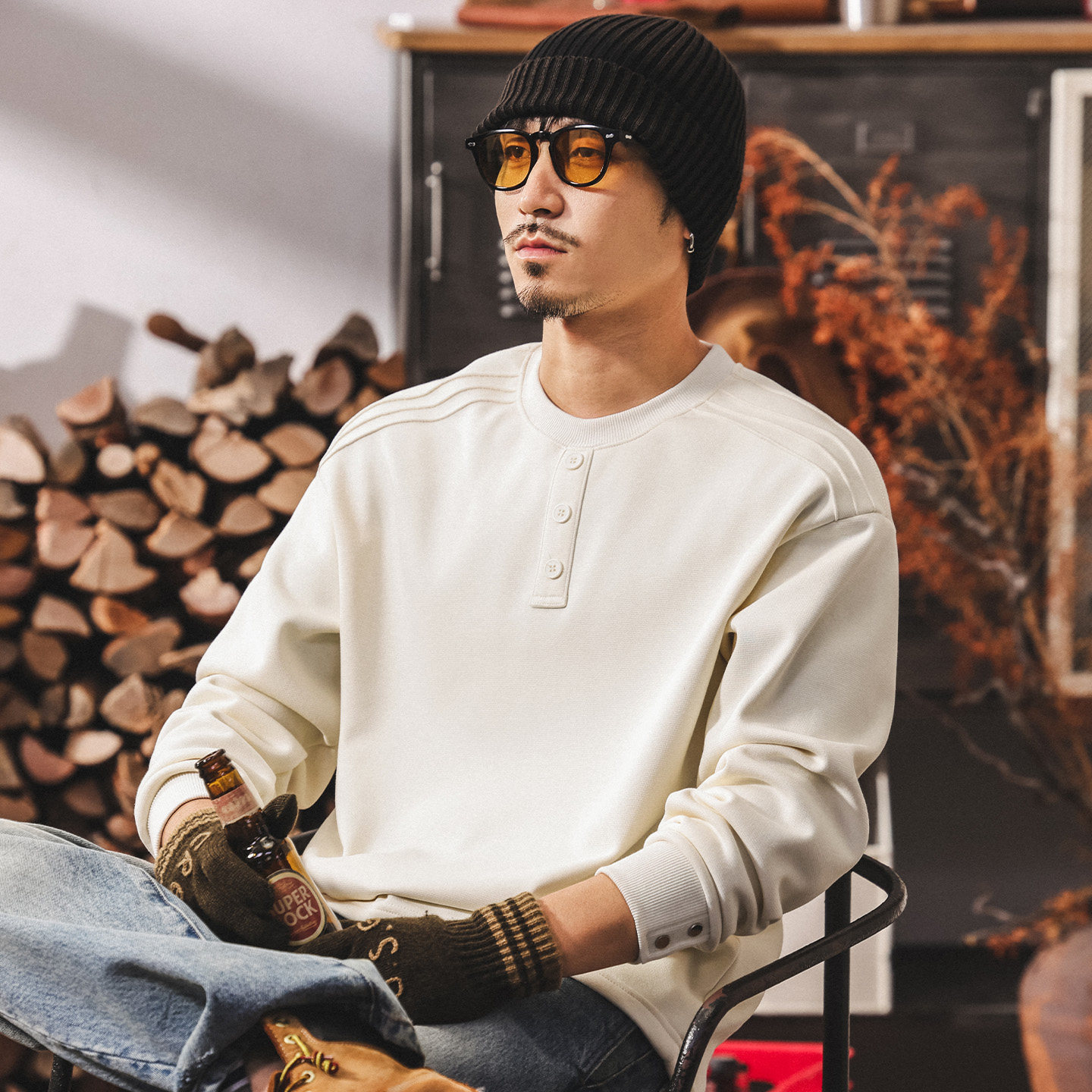 美式復古重磅加絨衛衣男款冬季加厚亨利領長袖男T恤潮牌寬鬆上衣