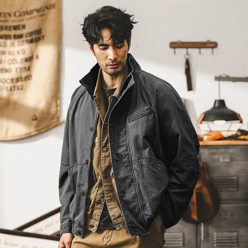 美式復古卡其色工裝外套男春秋款潮牌寬鬆水洗硬漢獵裝休閒夾克男