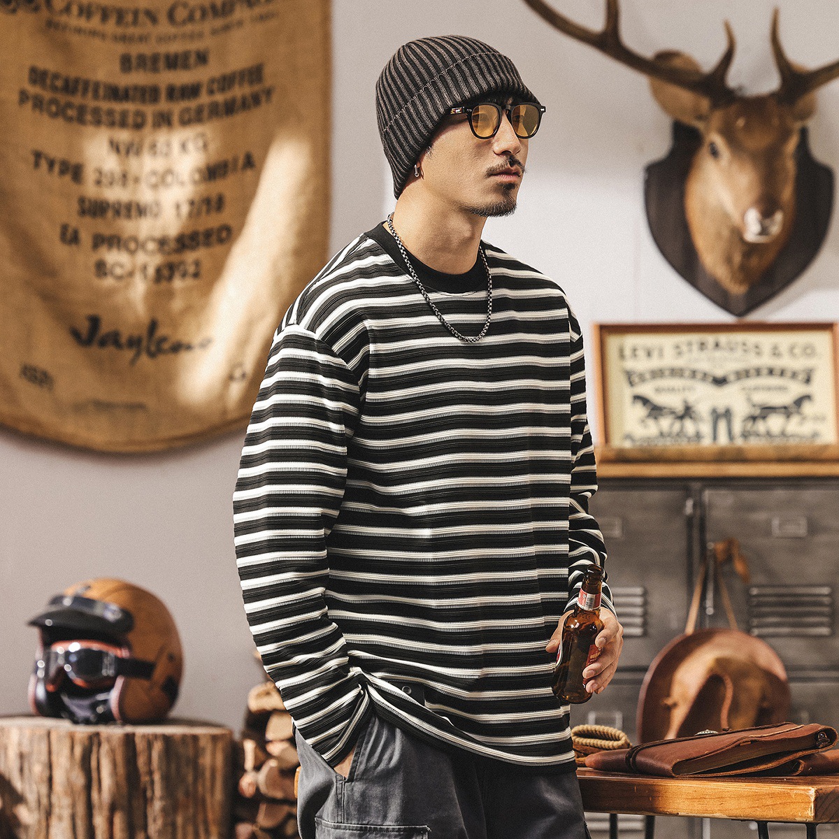 美式復古280g重磅長袖t恤男秋季新款寬鬆潮牌條紋海魂衫男裝上衣