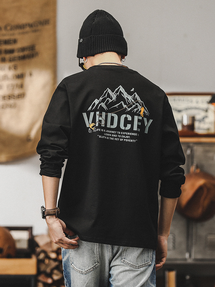 春季新款黑色長袖T恤男寬鬆潮牌男裝山系印花260g重磅上衣男