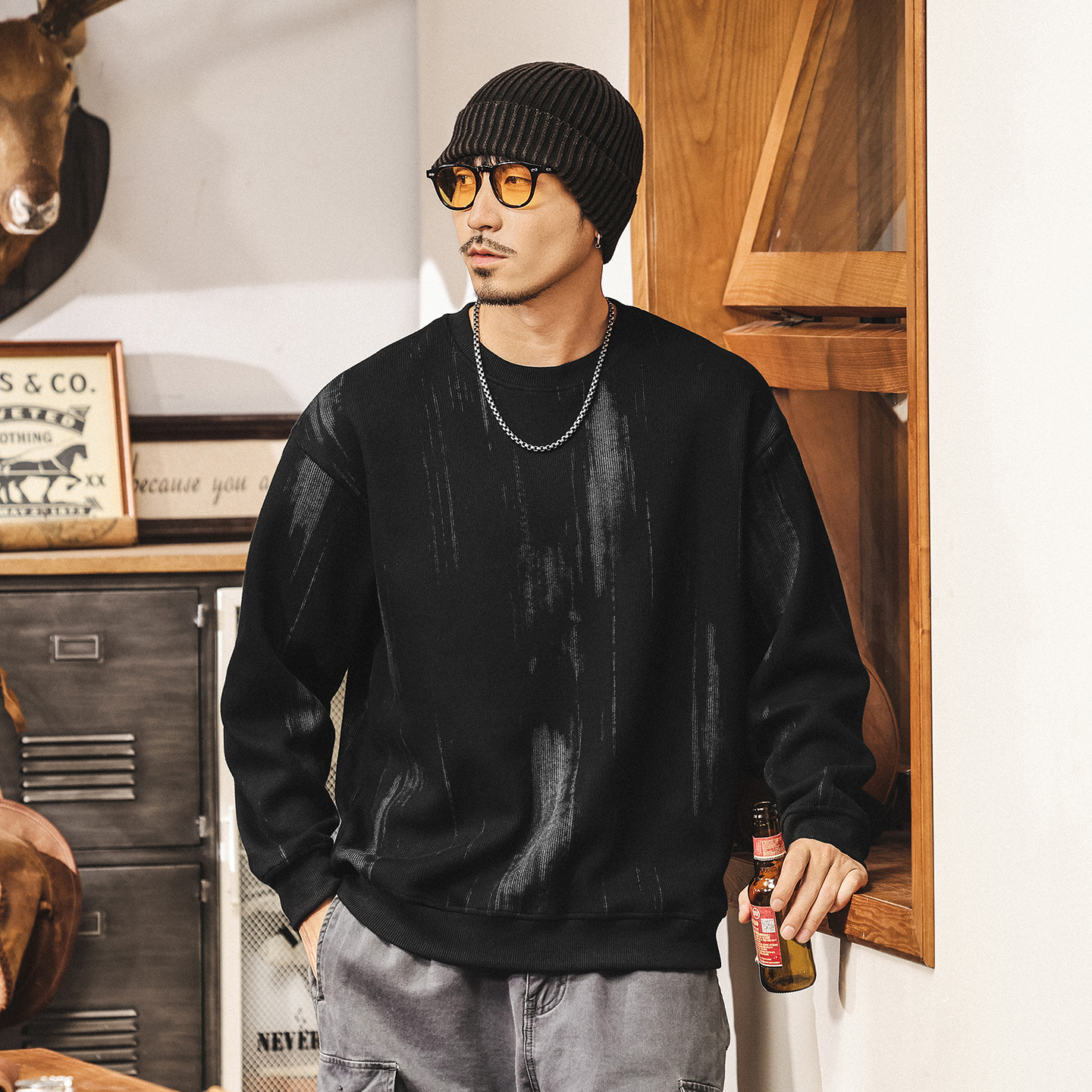 美式復古500g重磅衛衣男春秋潮牌流蘇肌理寬鬆新款秋冬長袖上衣男