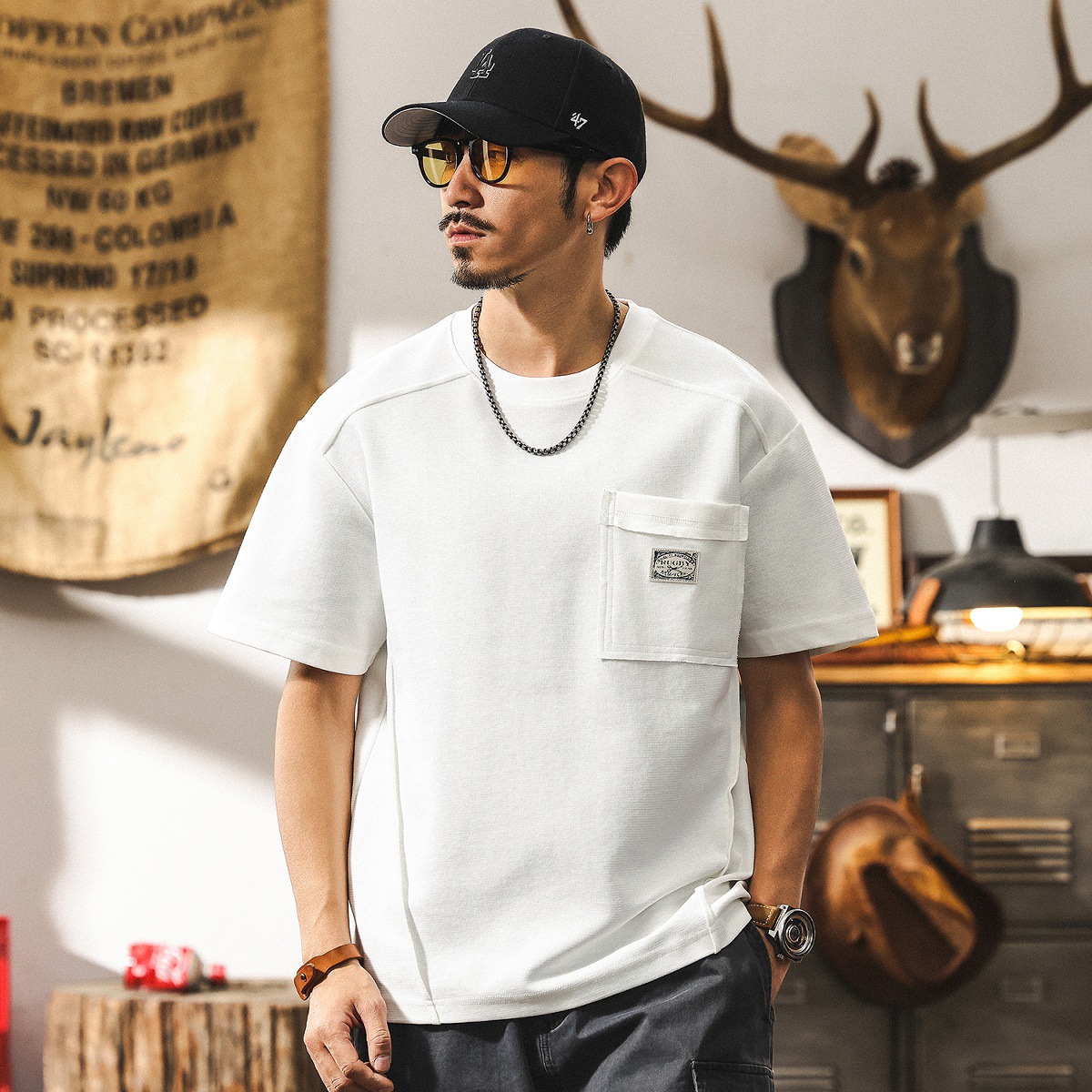 美式重磅250g復古T恤男士短袖夏季潮牌肌理設計感半截袖男裝體恤