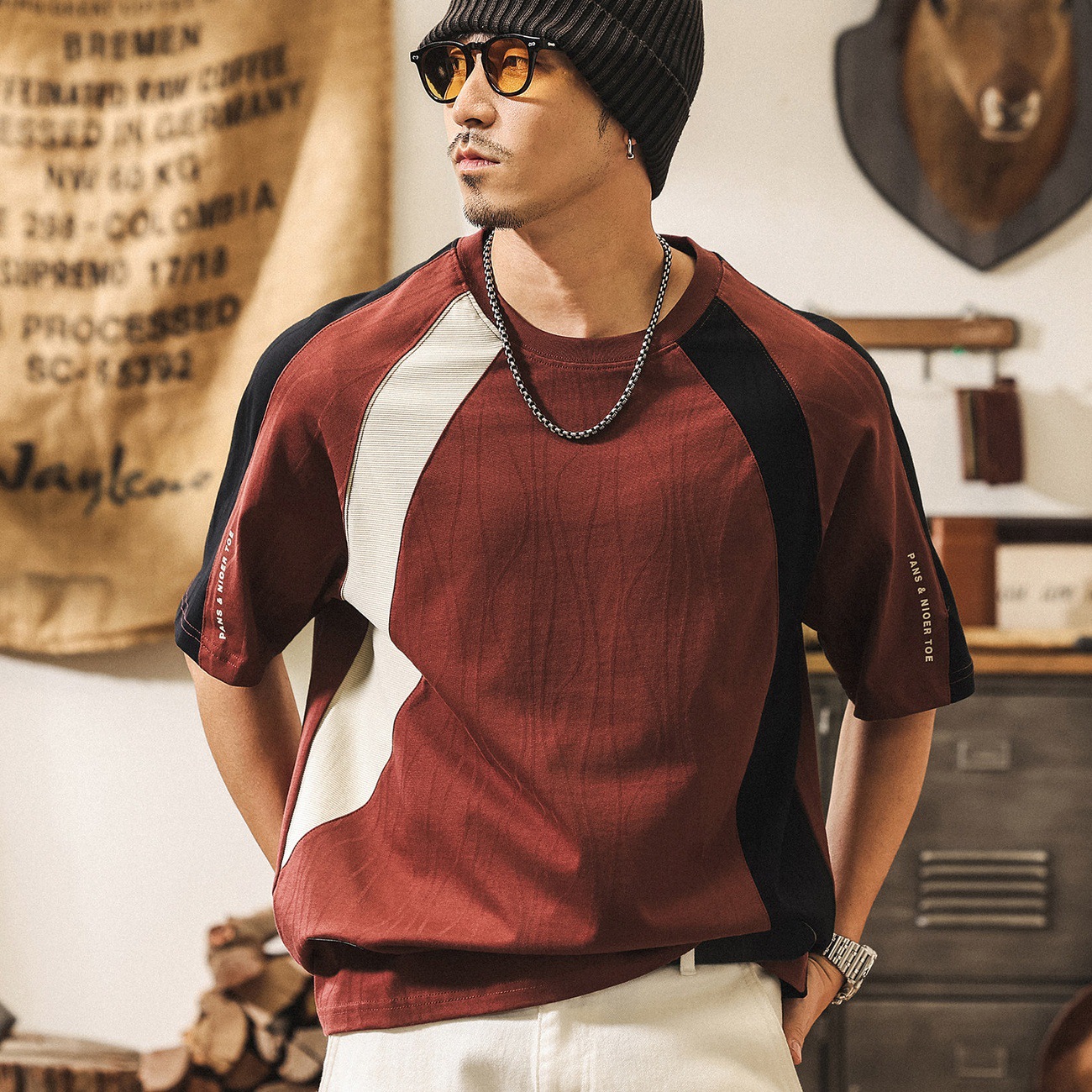 美式復古重磅撞色拼接短袖男T恤夏季潮牌寬鬆酒紅色男裝上衣