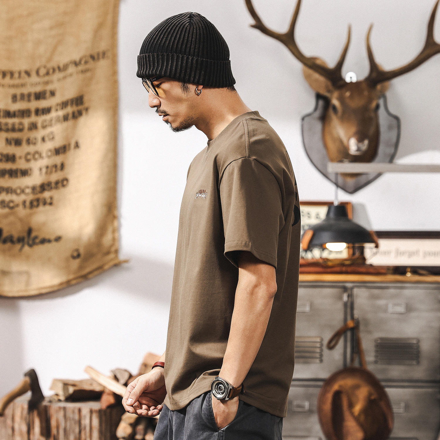 【7A抗菌防蟎涼感】T恤男短袖夏季美式復古潮流絨面印花休閒上衣T