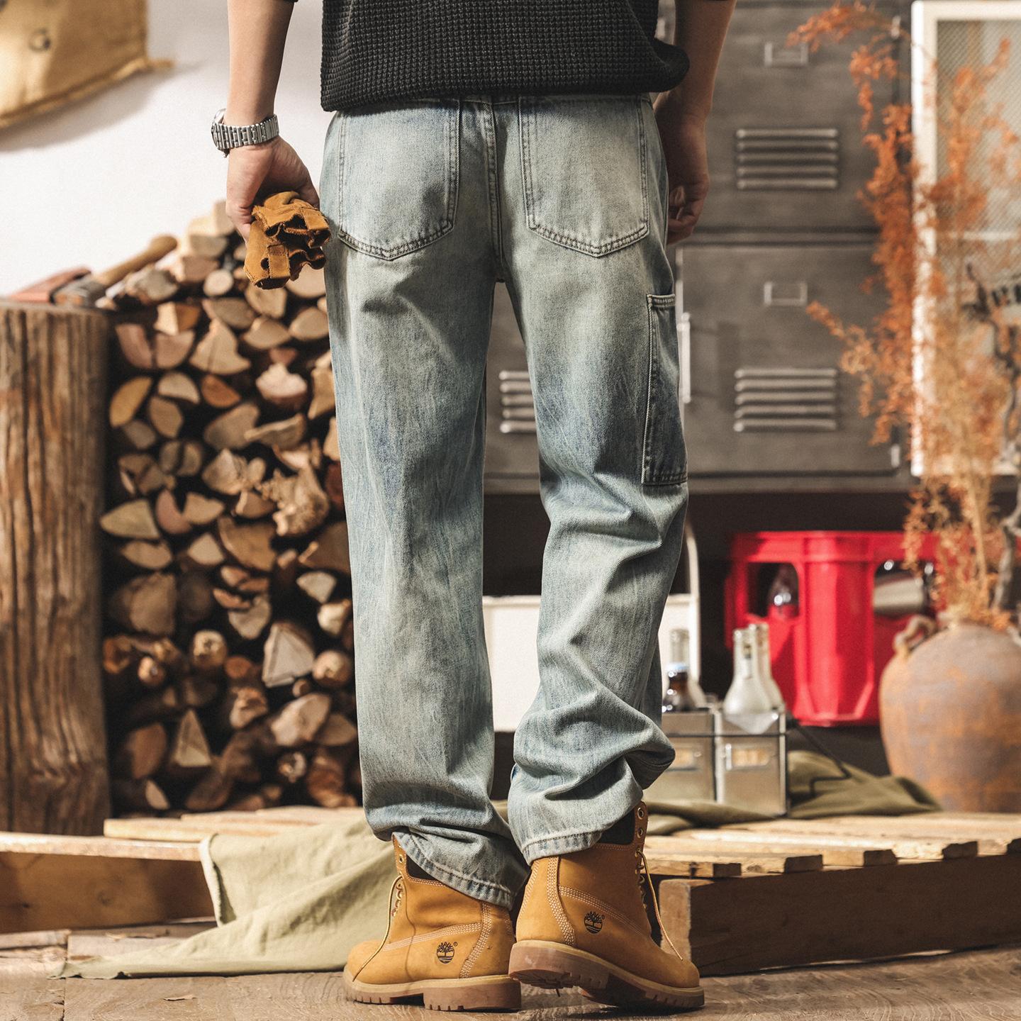 美式重磅復古工裝褲子男潮牌加絨牛仔褲男直筒水洗寬鬆男士休閒褲