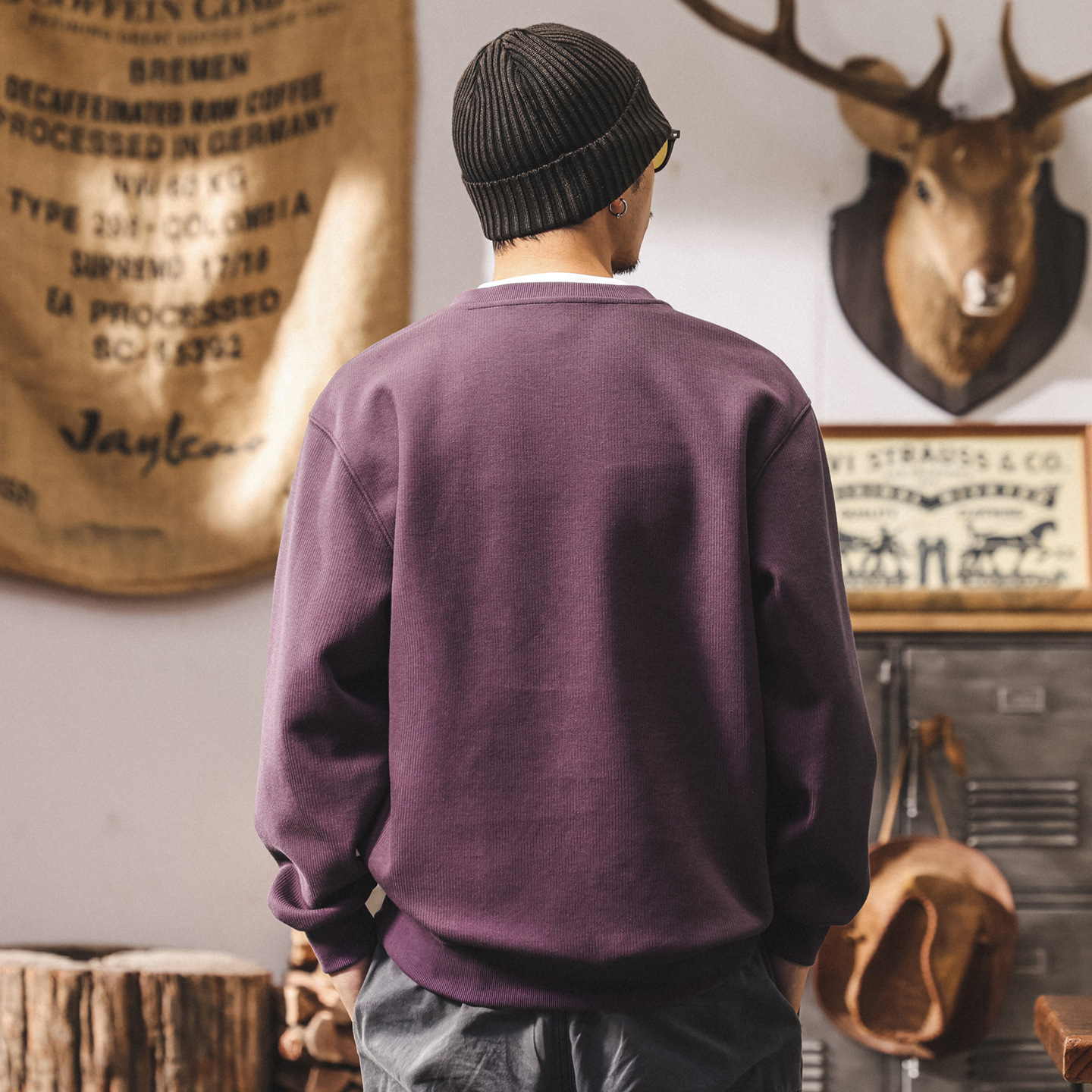 美式復古假兩件衛衣男潮牌2025新款春秋重磅寬鬆亨利領紫色上衣男