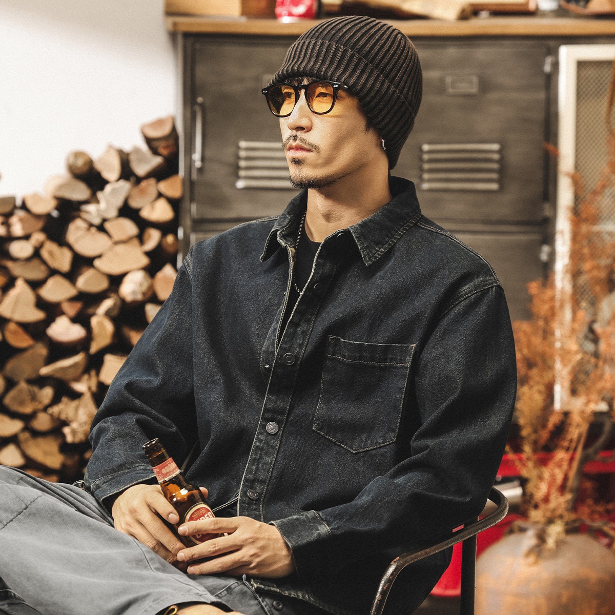 美式復古做舊酵素水洗牛仔外套男春秋寬鬆工裝襯衫男長袖休閒襯衣