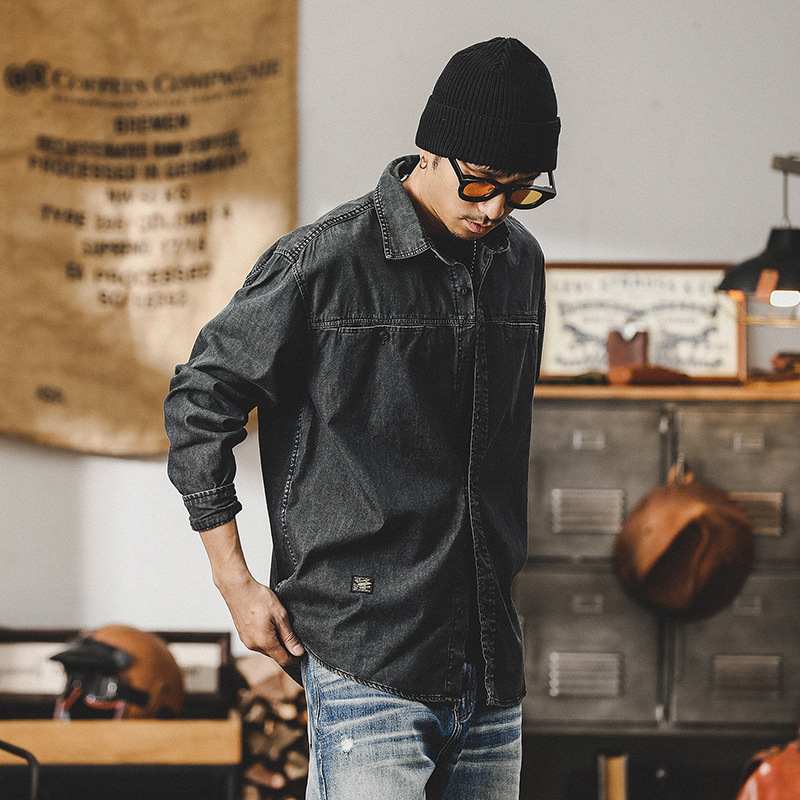 美式重磅復古牛仔襯衫男長袖高級感潮牌寬鬆男士工裝襯衣春季外套